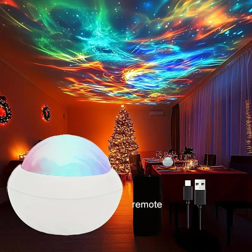 Colorful light show projected on a ceiling with a remote control in the foreground.