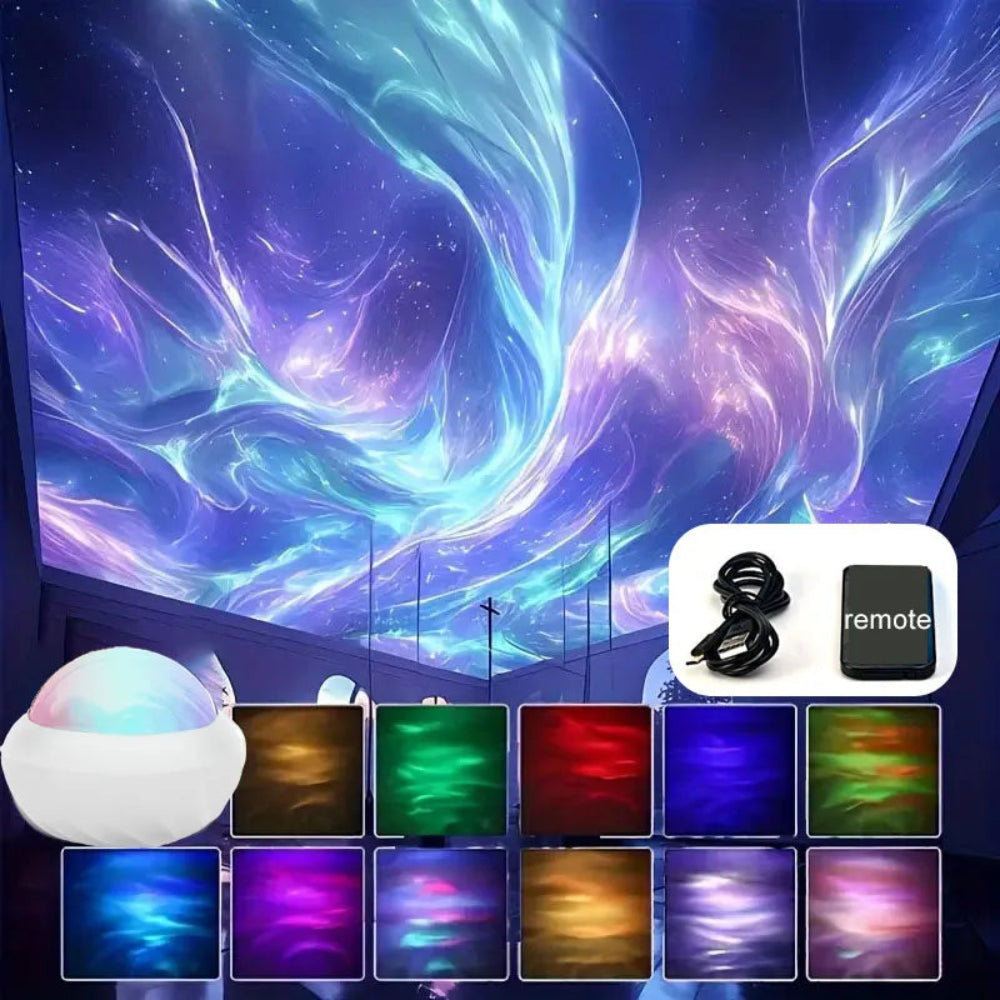 Colorful light projector with remote control and cable on a starry night sky background