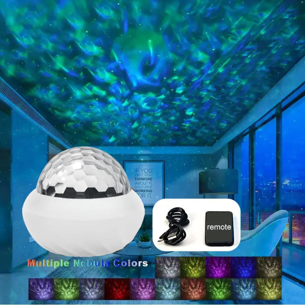 Colorful ceiling projection with a remote control and cable on a blue couch.