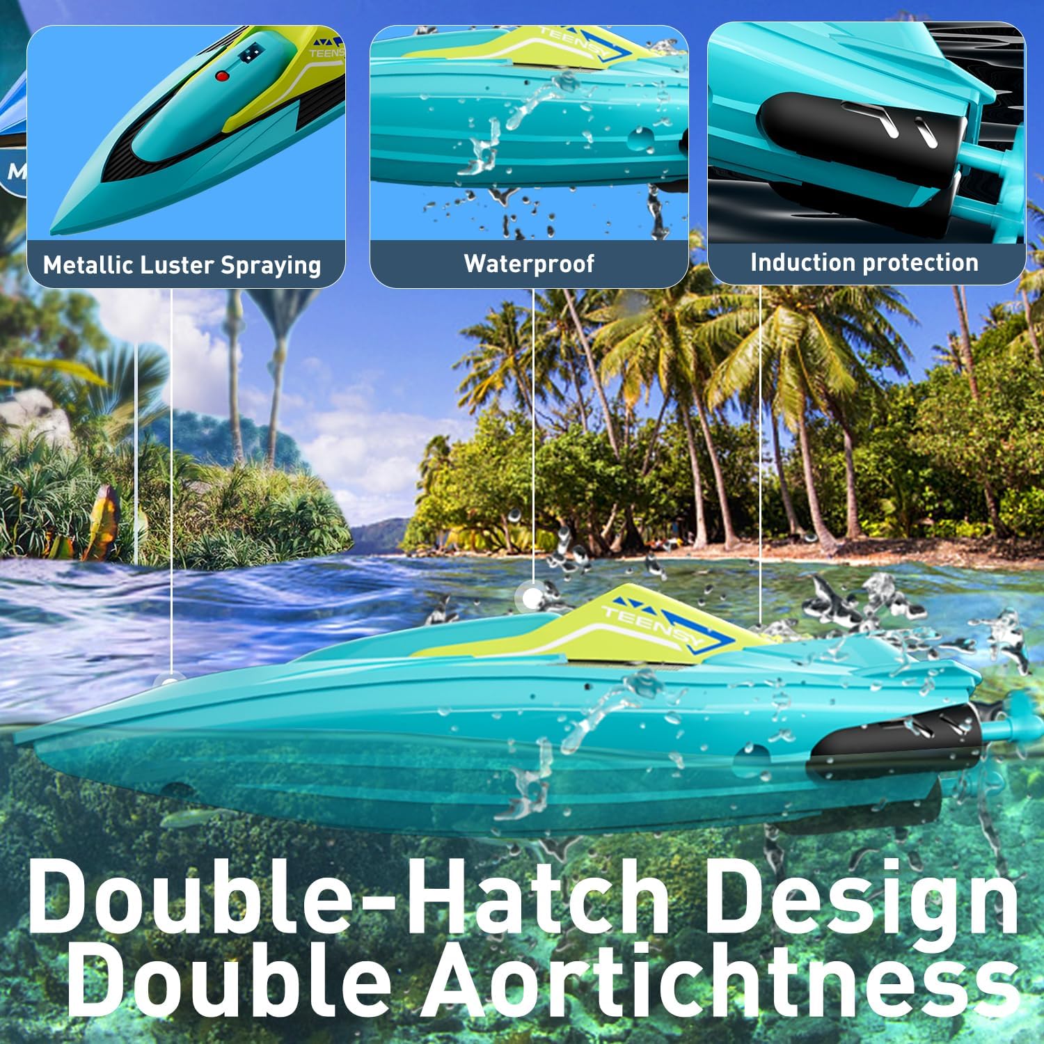 S5 RC boat waterproof double-hatch design with metallic luster finish in tropical water
