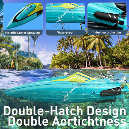 S5 RC boat waterproof double-hatch design with metallic luster finish in tropical water
