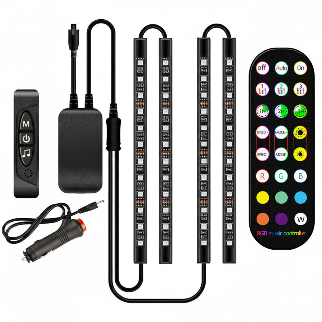 LED strip lights with remote control and power adapter on a white background
