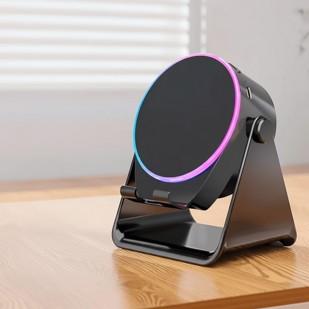 A black circular wireless charging pad on a matching angled stand, placed on a wooden table with a blurred indoor background.