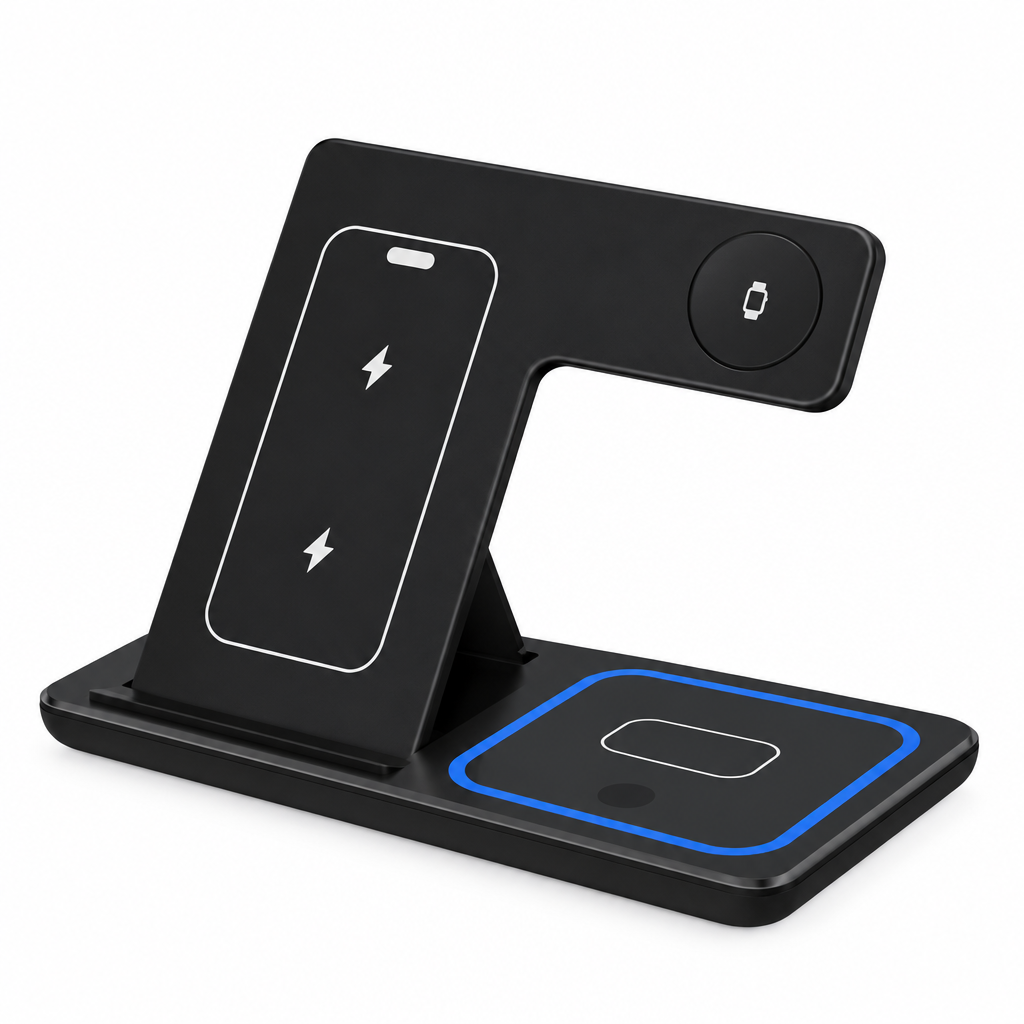 A black multi-device wireless charging stand with a fold-out design, featuring two charging zones with white outline icons and a blue outline icon on the base, shown on a solid white background.