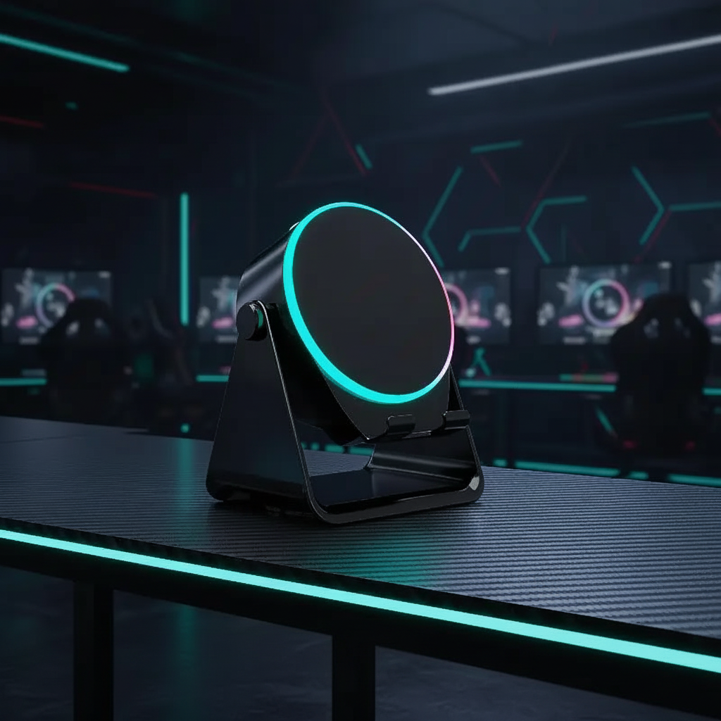 A black circular magnetic wireless charging pad on a matching black stand, illuminated by a glowing cyan LED ring, set on a dark table in a futuristic gaming room.
