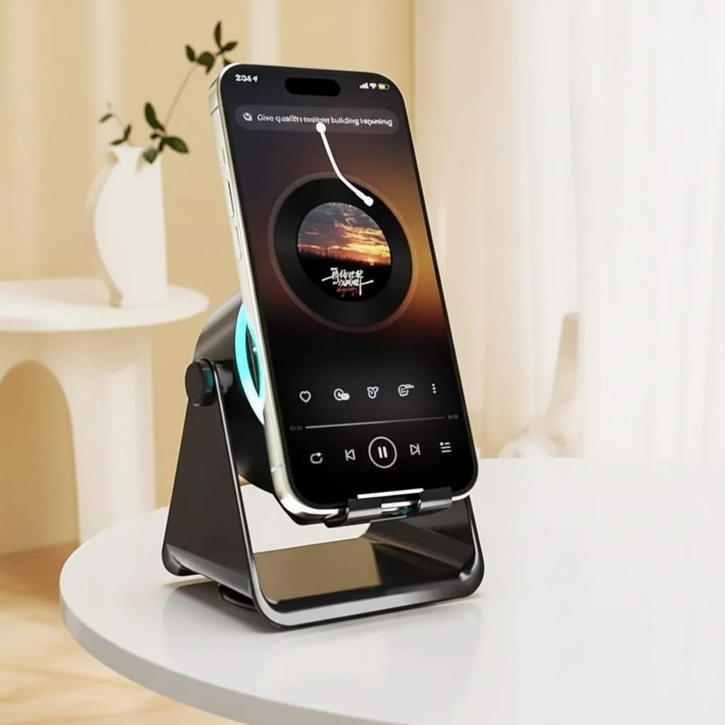 A black magnetic phone stand holding a smartphone, set on a white round table in a bright, modern room with soft beige curtains and a small side table in the background.