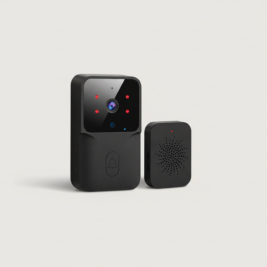 A black smart video doorbell with a matching wireless receiver, shown on a light gray background. The doorbell features a glossy black front with red and blue indicator lights, a central camera lens graphic, and a bell icon below it.