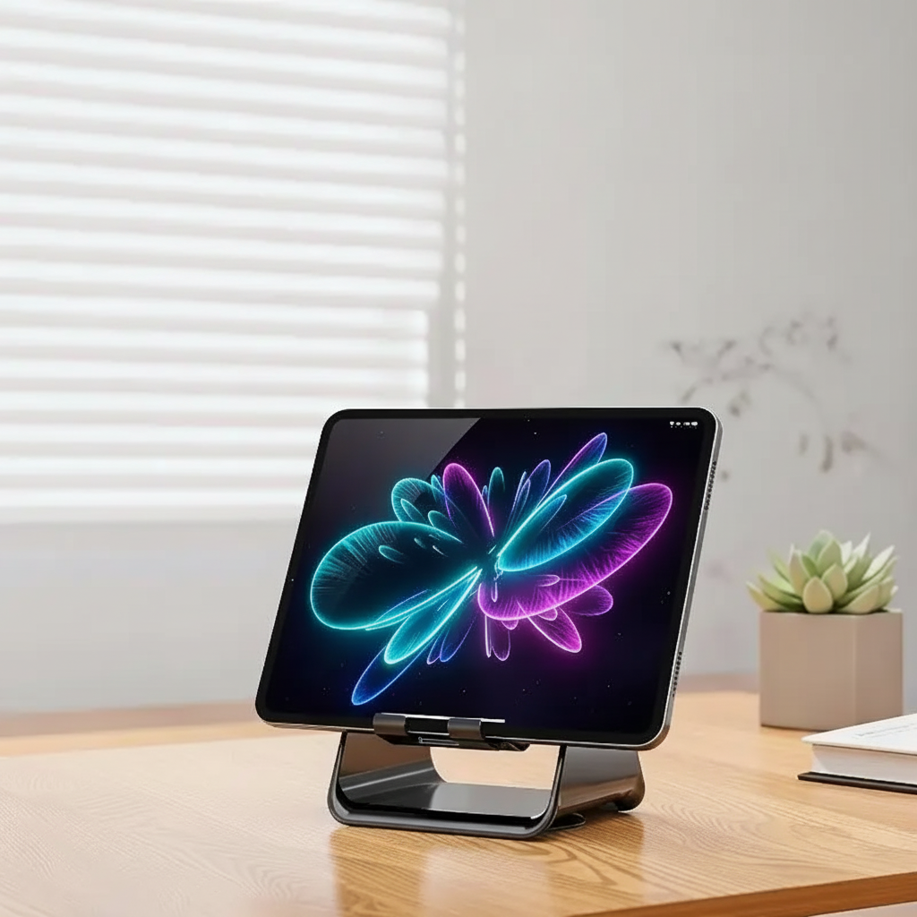 A black tablet stand holding a tablet with a colorful neon butterfly wallpaper, set on a wooden desk in a bright room with a small potted succulent in the background.