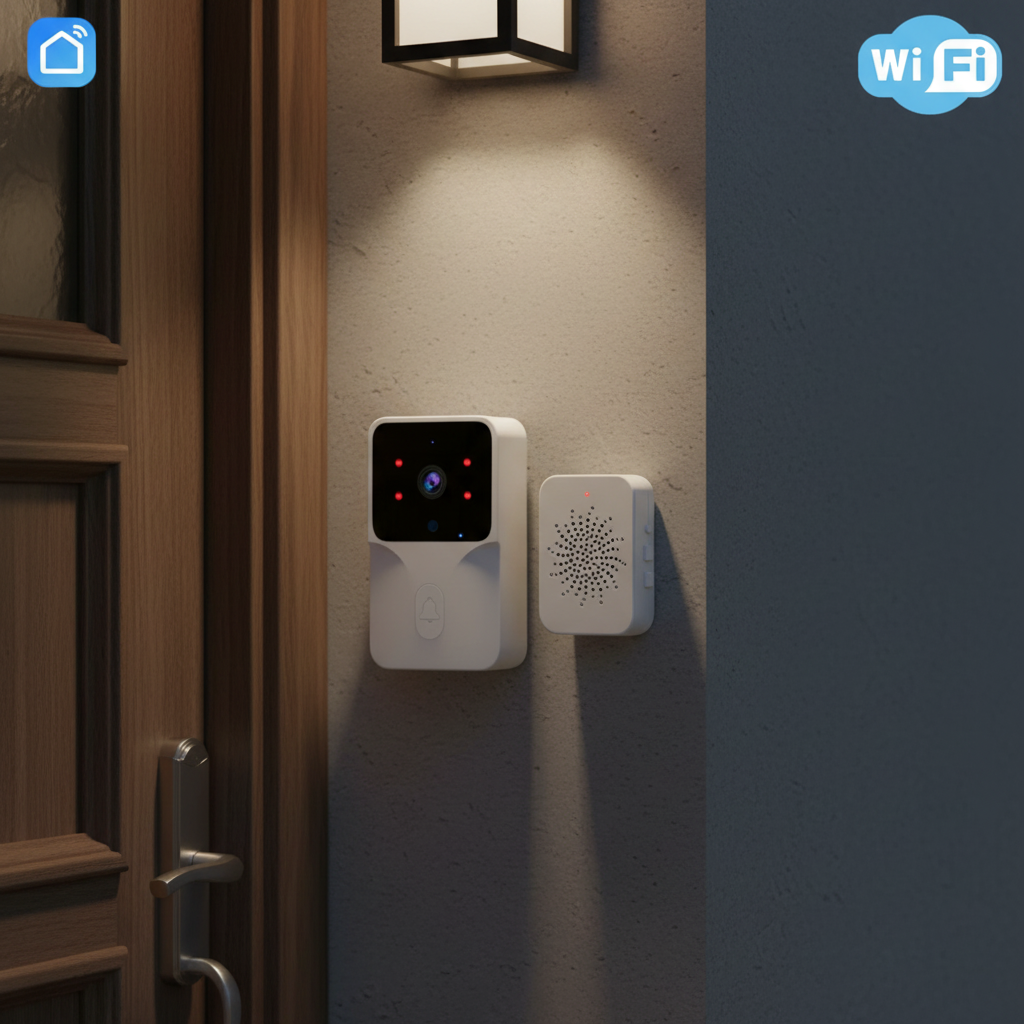 A smart video doorbell and matching wireless alarm receiver mounted on a textured beige wall next to a wooden door, with a wall light above and a blue WiFi icon in the top right corner.