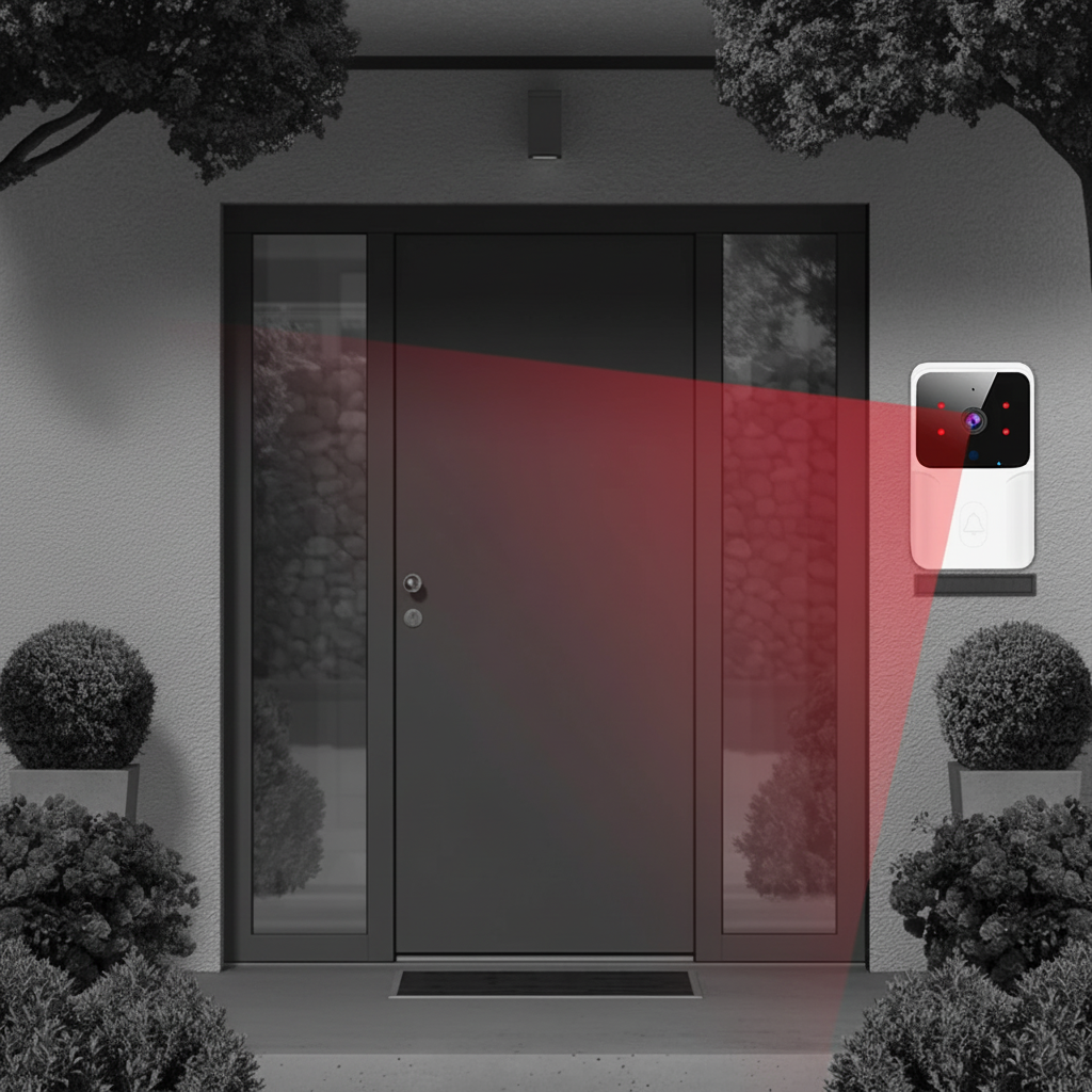A smart home security camera mounted on a white exterior wall next to a dark front door, with a red laser beam graphic illustrating motion detection coverage over the door and surrounding garden area.