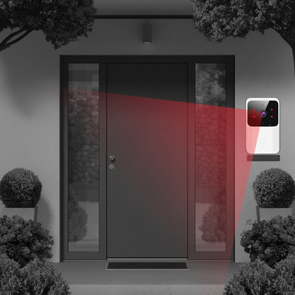 A smart home security camera mounted on a white exterior wall next to a dark front door, with a red laser beam graphic illustrating motion detection coverage over the door and surrounding garden area.