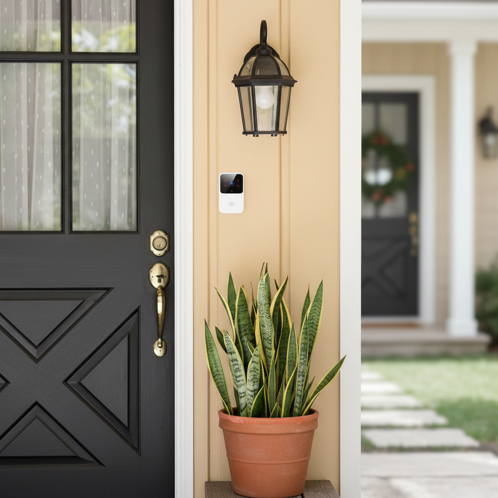 A modern black outdoor wall lantern mounted on a beige stucco doorbell wall above a potted snake plant, next to a black front door.