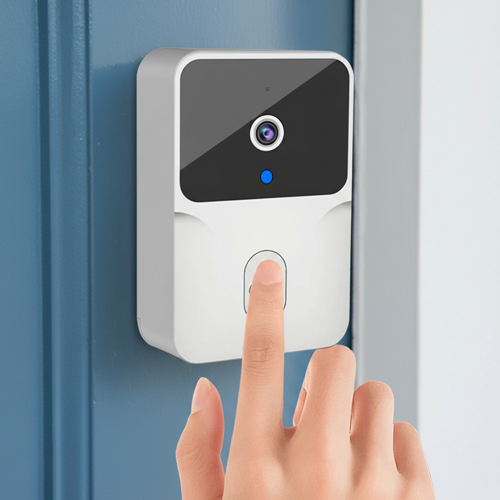A white smart video doorbell with a black camera panel and blue indicator light mounted on a blue door, with a hand pressing the front button.