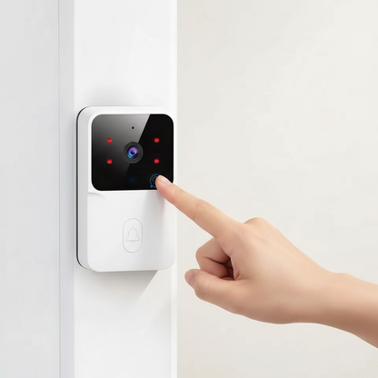 A white smart video doorbell with a black faceplate is mounted on a white door frame. A person's finger is pressing the button on the doorbell, which has red and blue LED indicator lights.