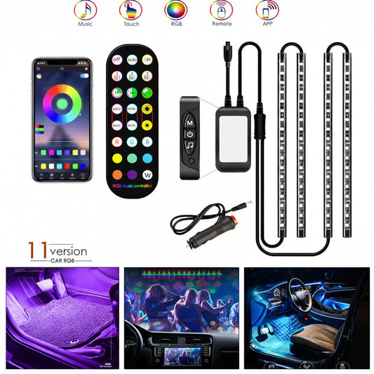 Car LED strip lights with remote control, smartphone app, and various lighting effects displayed.