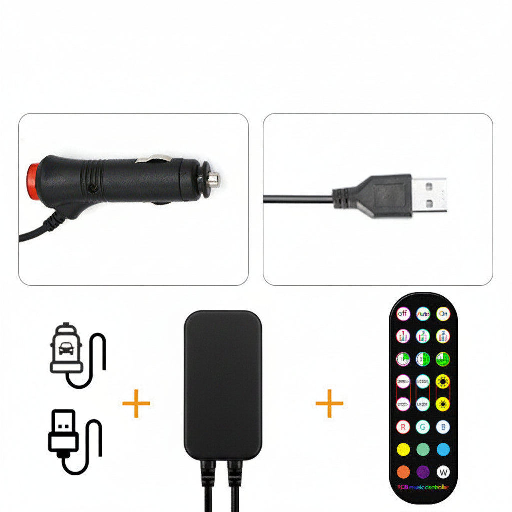 Collection of electronic components including a car charger, USB cable, remote control on a white background.
