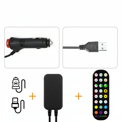 Collection of electronic components including a car charger, USB cable, remote control on a white background.