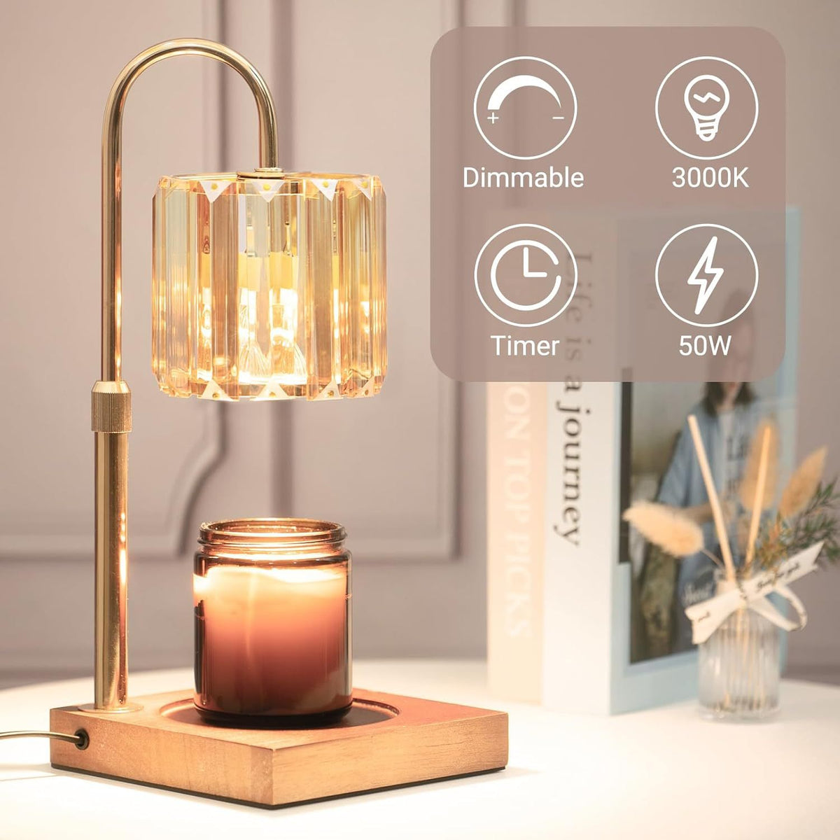 Table lamp with candle holder on a surface, featuring dimmable and timer functions.
