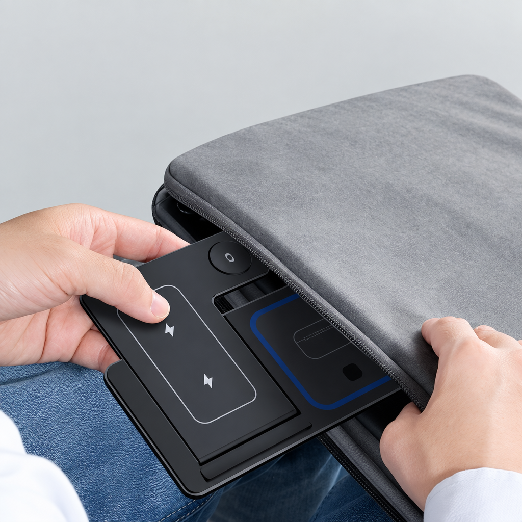 A close-up of a gray laptop sleeve being opened by two hands, with a black tablet or device being inserted into the sleeve's interior compartment.