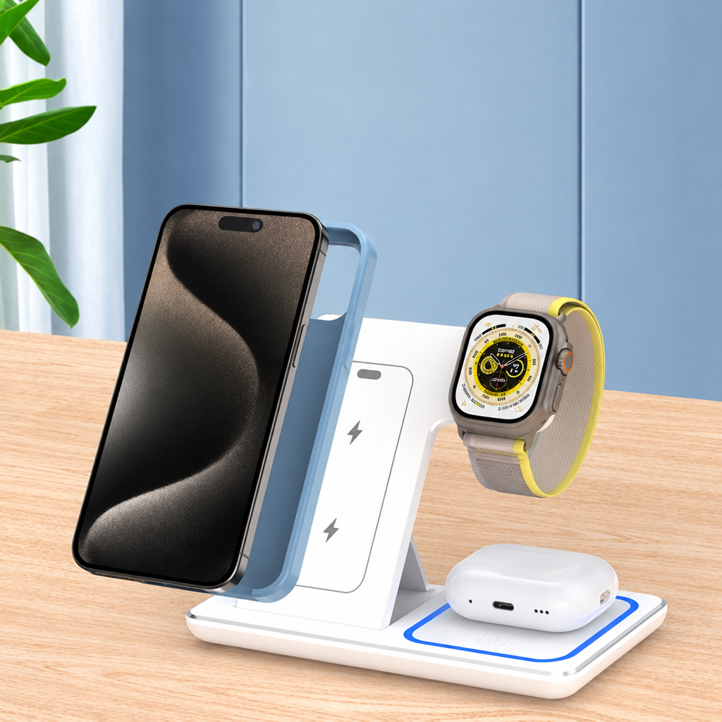 A white 3-in-1 wireless charging stand on a light wood table, shown with a black smartphone, a smartwatch with a yellow band, and a white earbud case. The stand features blue accent lines and is set against a soft blue paneled background with a green plant leaf visible on the left.
