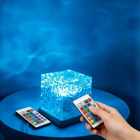 Wave ripple projector with a hand holding a remote