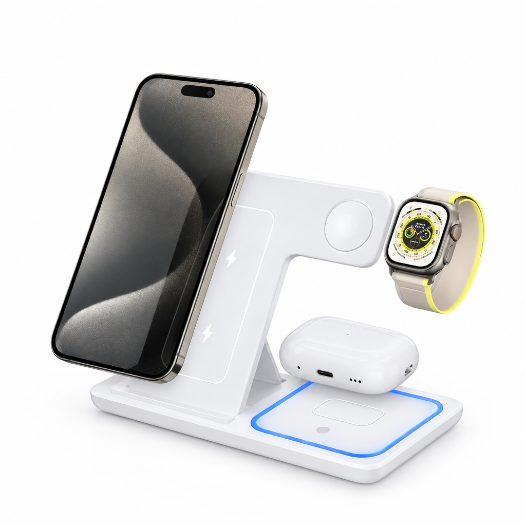A white multi-device wireless charging stand shown on a clean white background, with a smartphone, smartwatch, and earbud case attached. The stand has a blue LED light indicator on the charging pad.